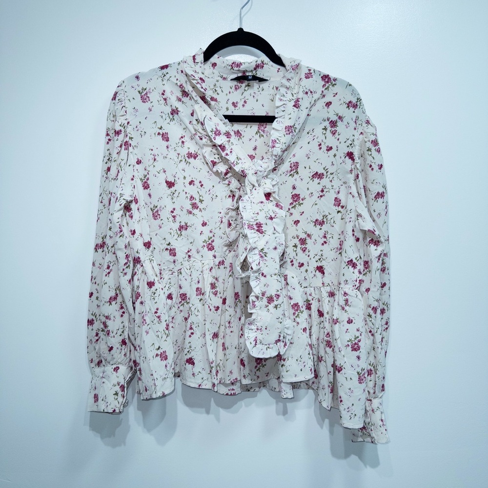 New Sister Jane White Floral Ruffle Tie‎ Neckline Blouse Size Medium